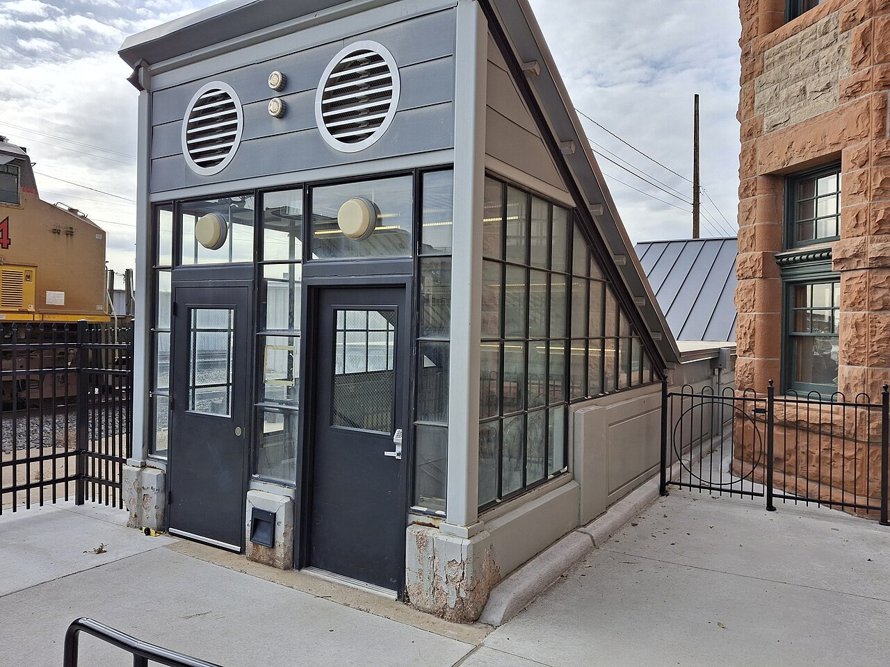 Enclosed stairway to walkway under tracks at Union Pacific Depot, Cheyenne, WY