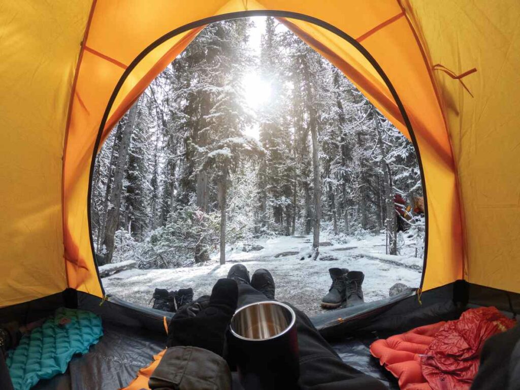 A view from inside a yellow tent looking out to a snowy landscape
