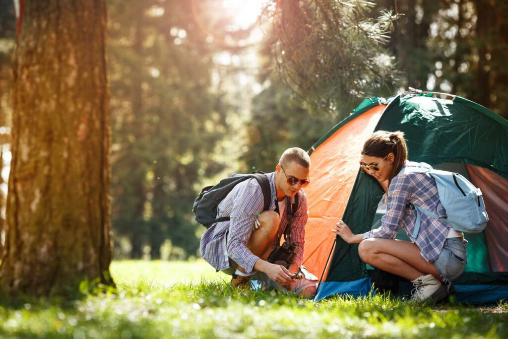A camping couple pitch a tent in a sunny forest on bright green grass