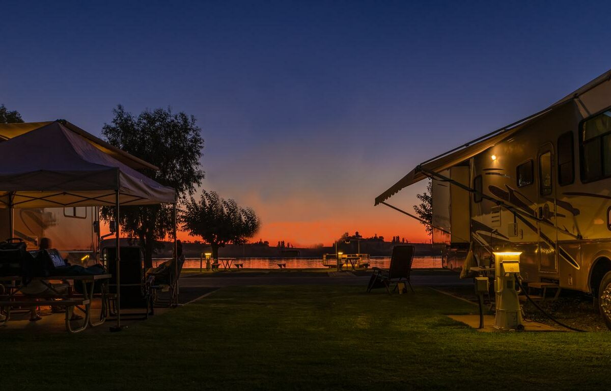 A beautiful sunset sky at an RV park.