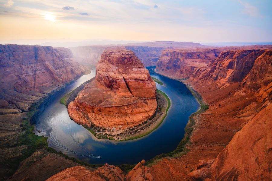 A cliff-side view of Grand Canyon National Park and the Colorado River.