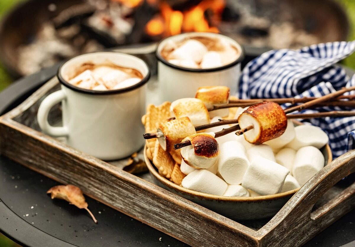 Two cups of cocoa and skewers of toasted marshmallows on a tray next to a going campfire.