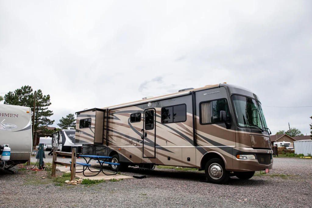 Class A Motorhome parked at Applewood RV park by RJourney.
