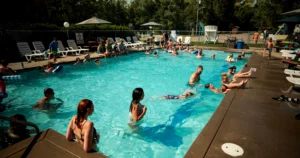 Families play in the pool at Baraboo RV Resort in Wisconsin