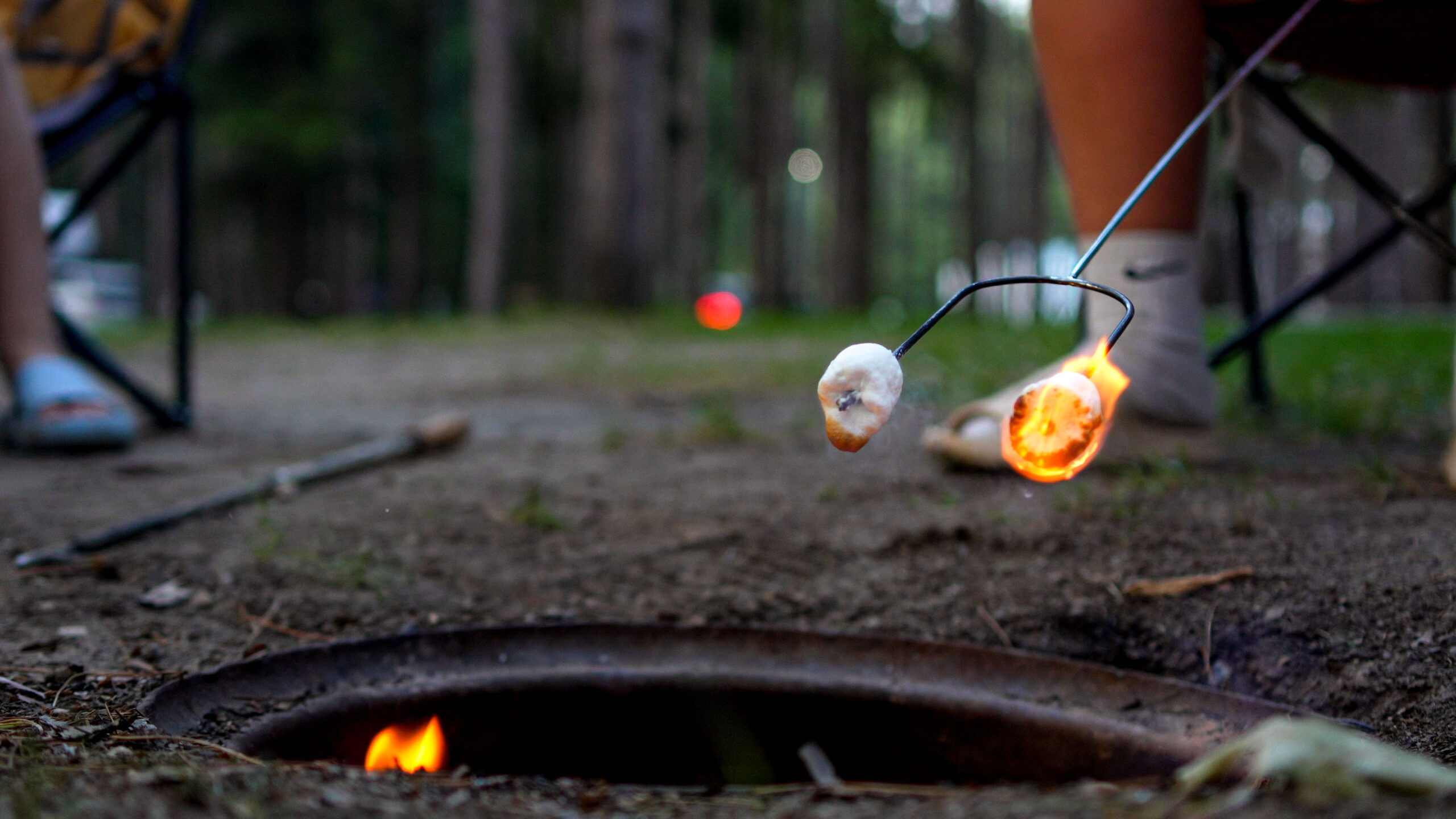 Campers roast marshmallows at their campsite near Redgranite, WI in the forest at twilight.