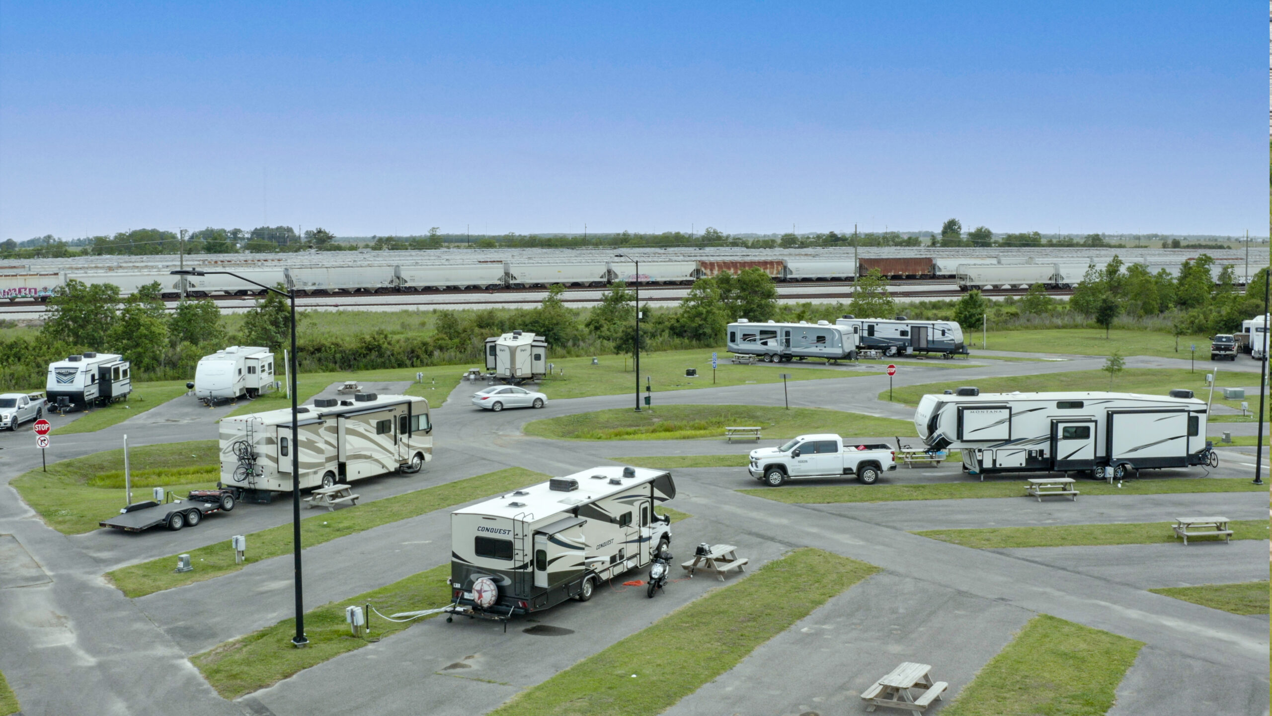 Aerial view of Lake Charles RV Park Near Iowa, Louisiana