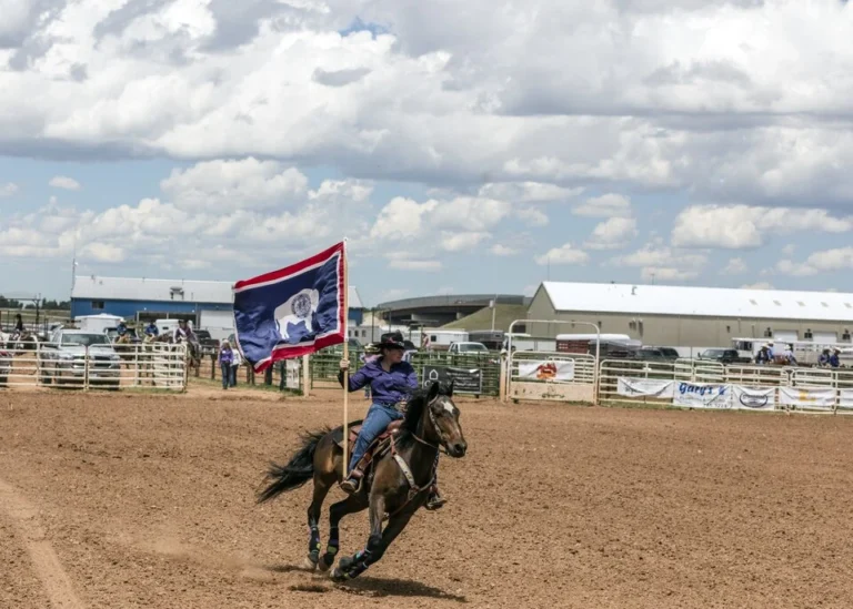 Wyoming flag-bearer at a large outdoor rodeo that's a feature of the annual (in this case 75th anniversary) Jubilee Days festival in Laramie