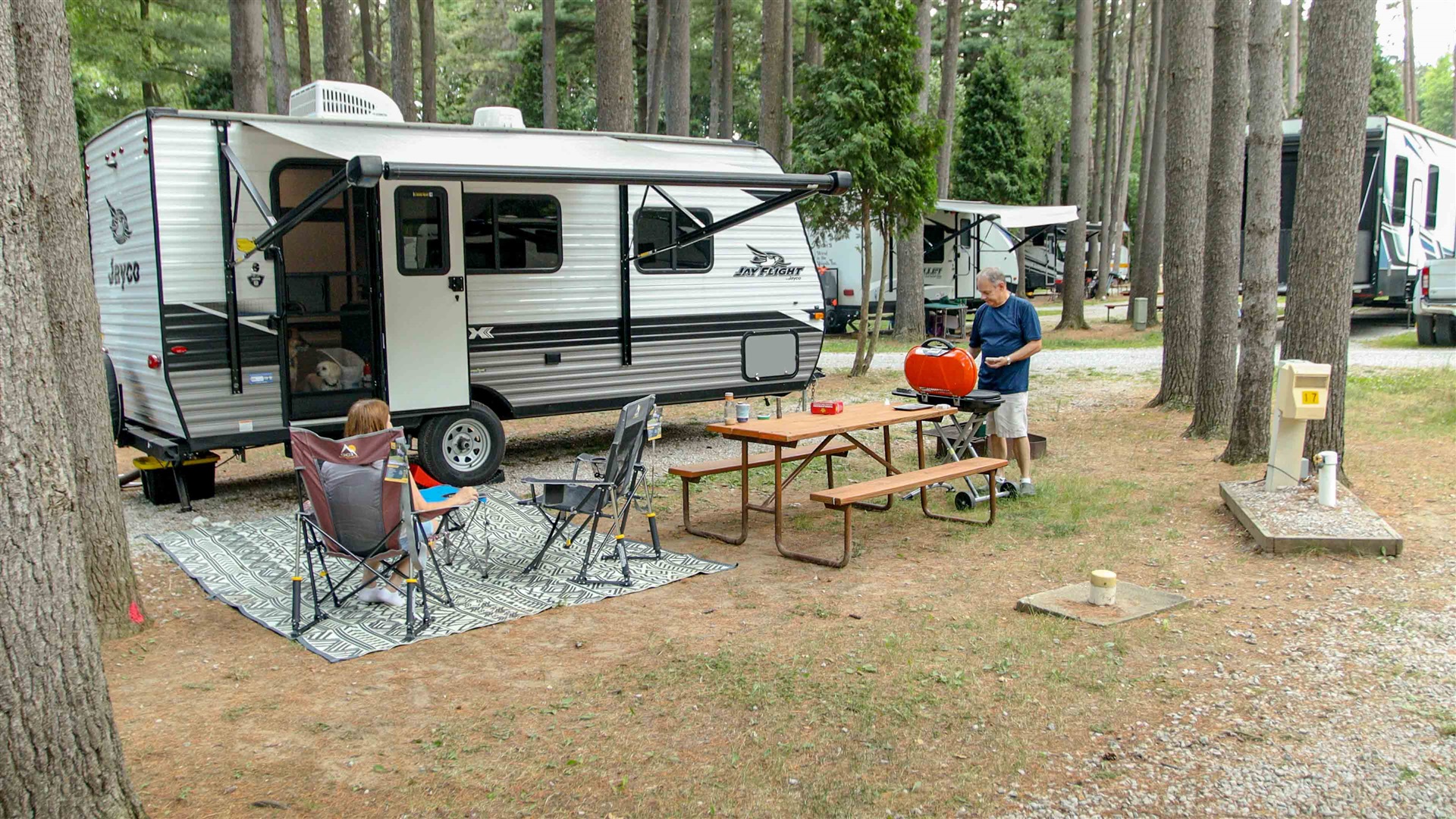 Full-hookup RV sites with pull-through access at Elkhart RV Resort in Granger, Indiana
