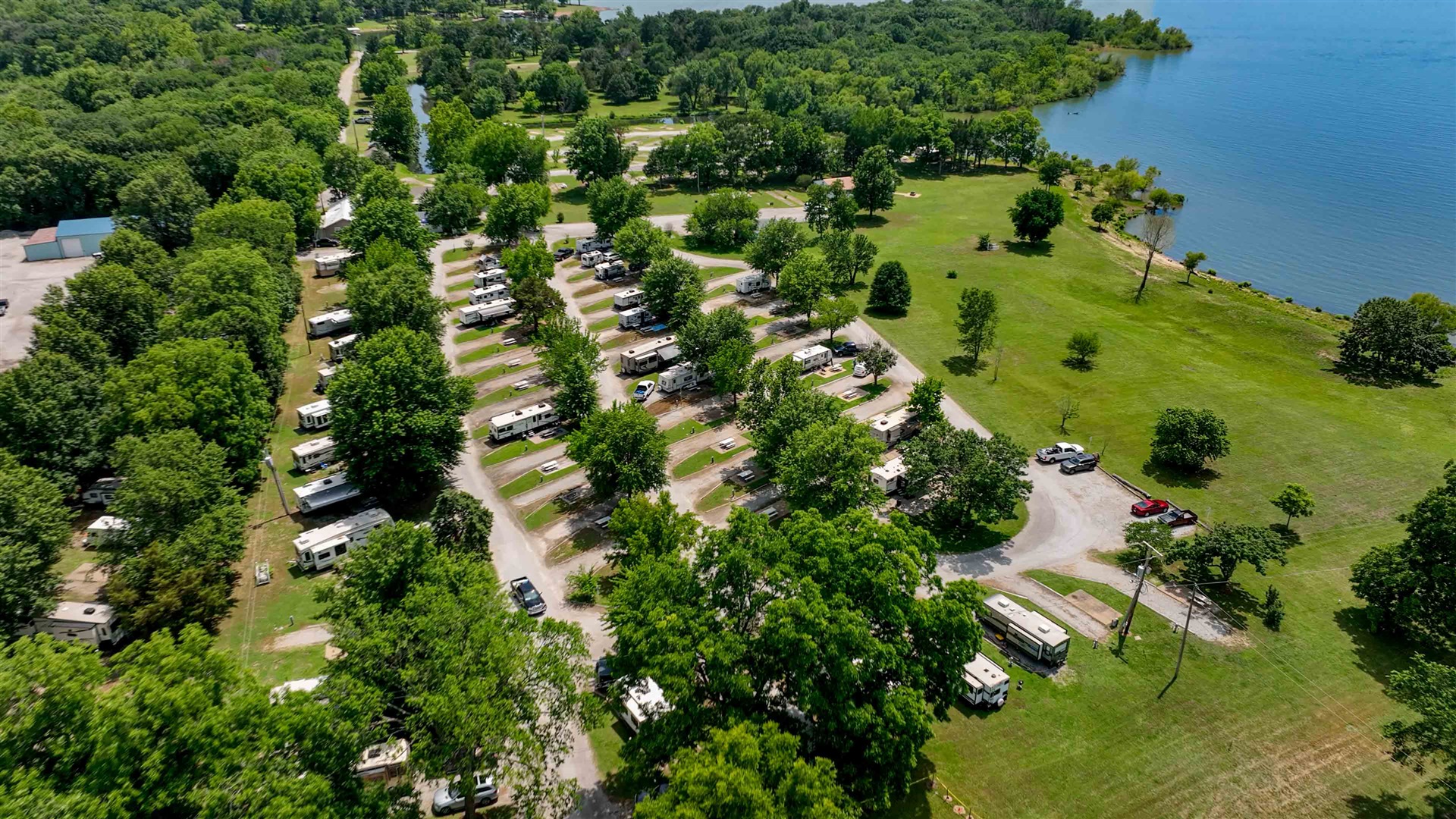 Full hookup RV sites with lake views at Grand Lake O' the Cherokees RV Resort near Grove, Oklahoma