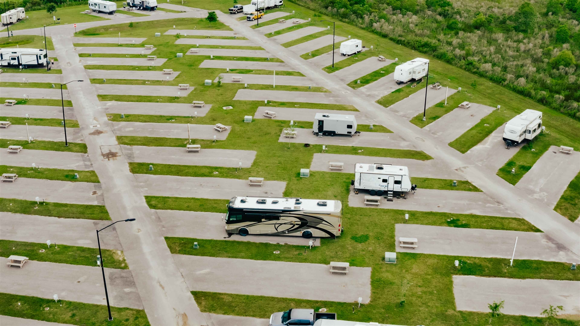 RV sites at Lake Charles RV Resort in Iowa, LA