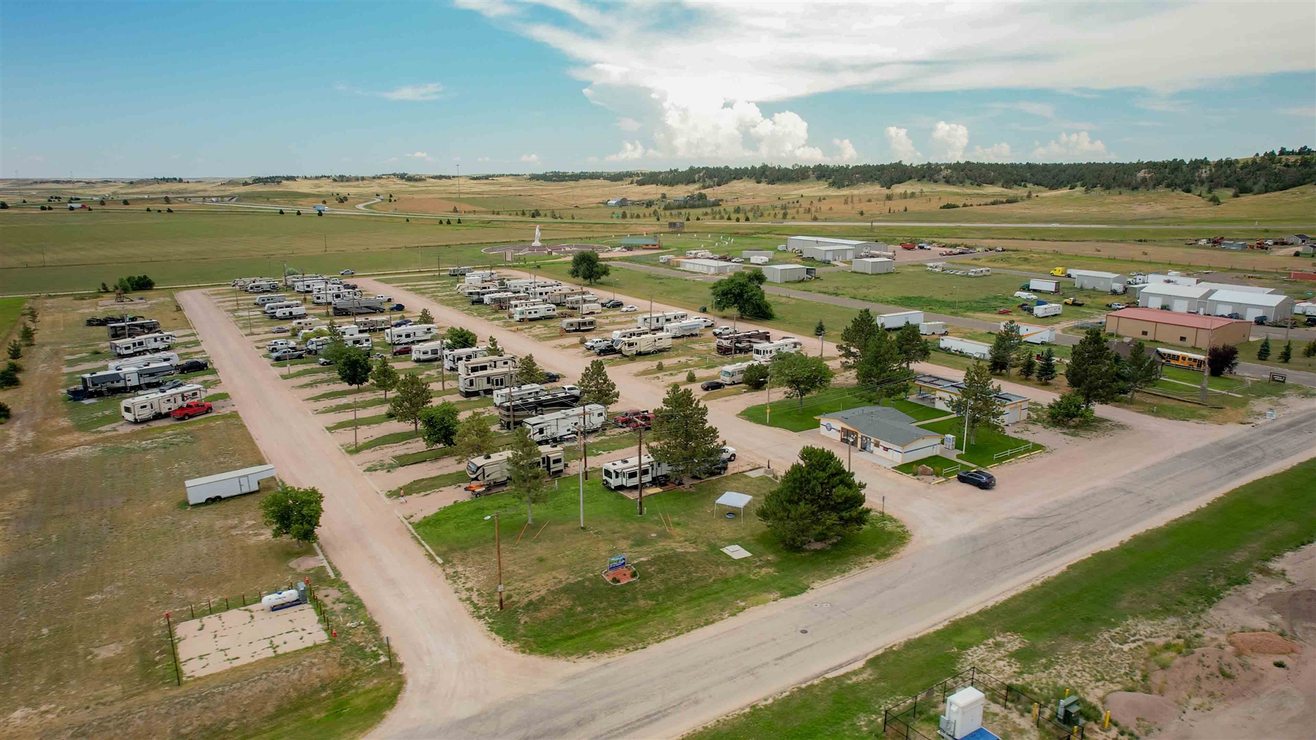Full hookup back-in RV sites with picnic tables at Pine Bluffs RV Resort in Pine Bluffs, Wyoming