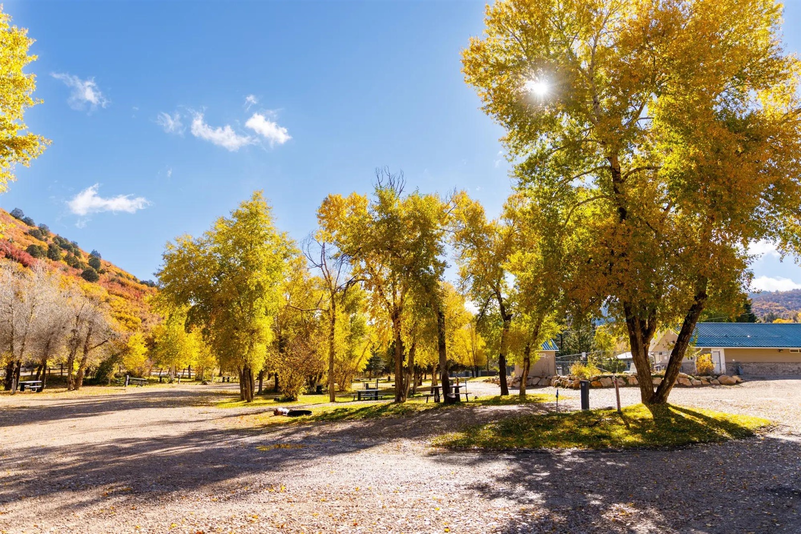 Fall foliage over the campground at Roam Uinta RV Resort in Kamas, Utah