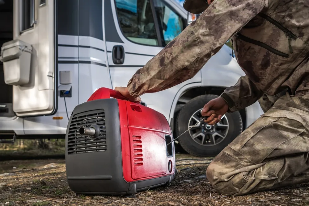 amper starting a red portable inverter generator beside an RV to recharge house batteries while boondocking